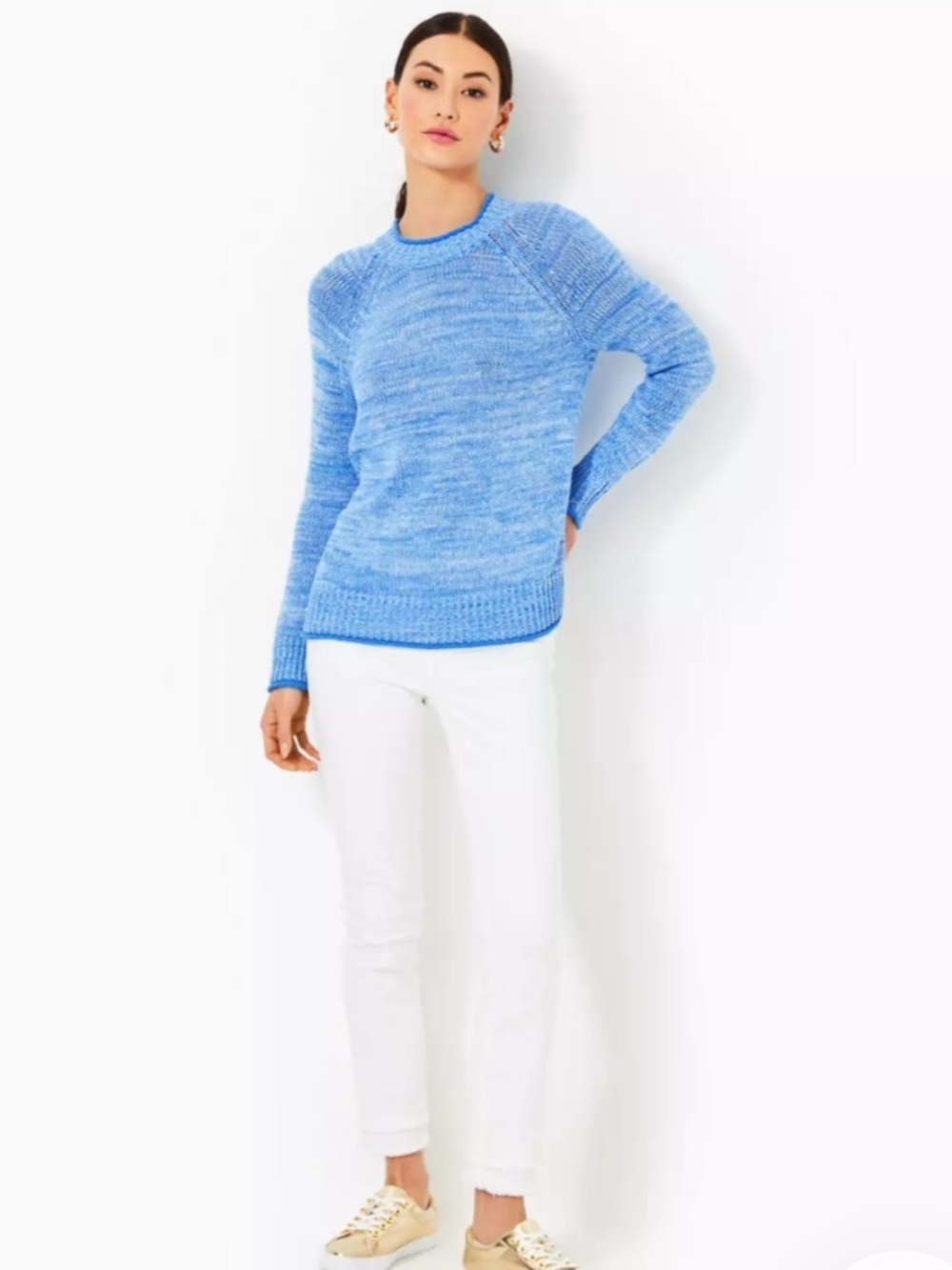 Lilly pulled her Light Blue Crewneck Pullover Sweater Size L